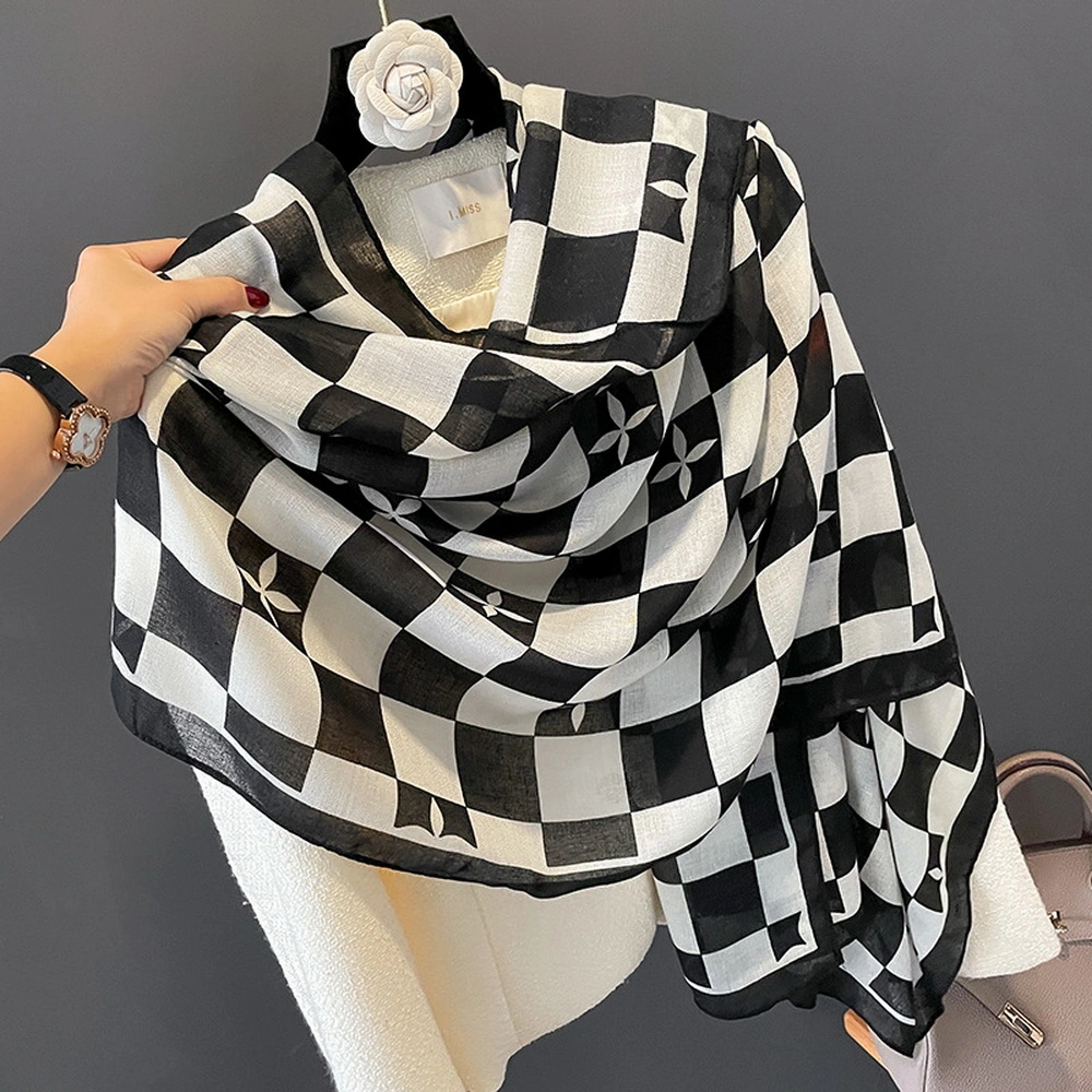 2023 New Fashion Plaid Pattern Cotton Scarves for Women Geometric Striped Printed Viscose Scarf Shawl Muslim Long Large Hijabs