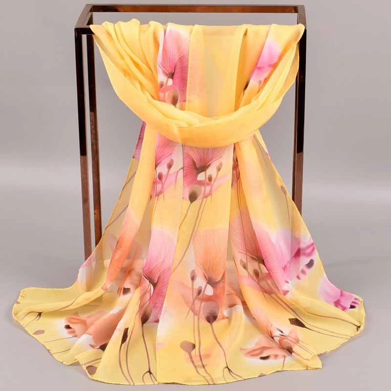 Spring New Gradient Color Ginkgo Chiffon Printed Long Silk Scarf