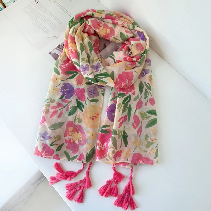 Long Spring Polyester Silk Women Fashion Cheaper Poncho Floral Printing Shawl Scarf