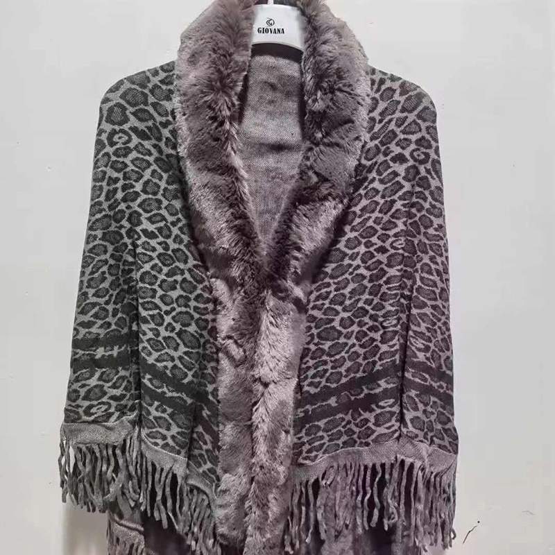 Cape Poncho Faux Fox Fur Collar Cardigan Cloak with Pocket