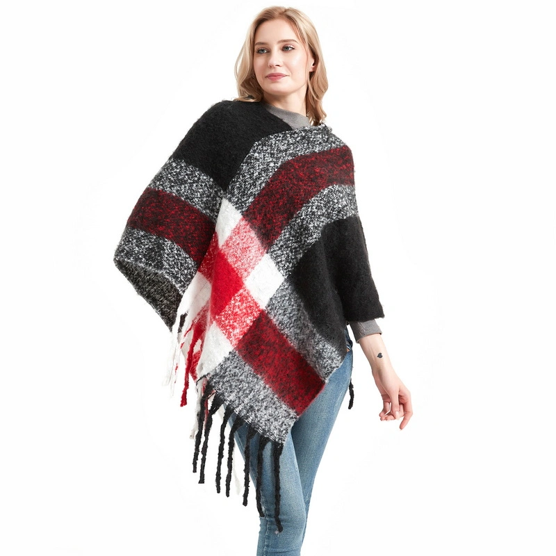 High Quality Winter Women Black Checked Poncho with Tassels