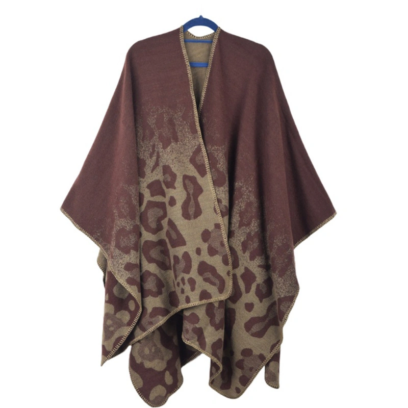 Stylish Polyester Poncho Winter Jacquard Scarf Shawl Leopard Pattern Women Cape