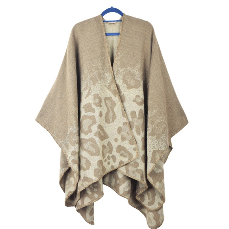 Stylish Polyester Poncho Winter Jacquard Scarf Shawl Leopard Pattern Women Cape