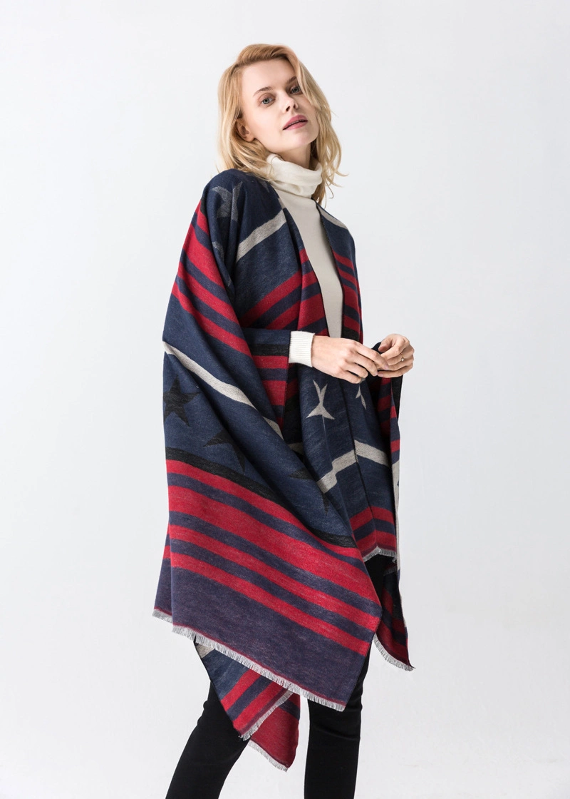 Red Star Striped Open Front Poncho Shawls Wrap Knitting Sweater Women Cape