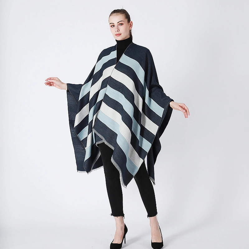 Blue Navy Stripe Woven Winter Poncho Cape for Lady, Girls and Women