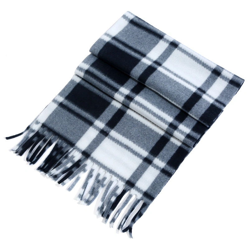 Soft Warm Plaid Pattern Brushed Fleece Scarf with Fringe, Checked Design and Cashmere Feel