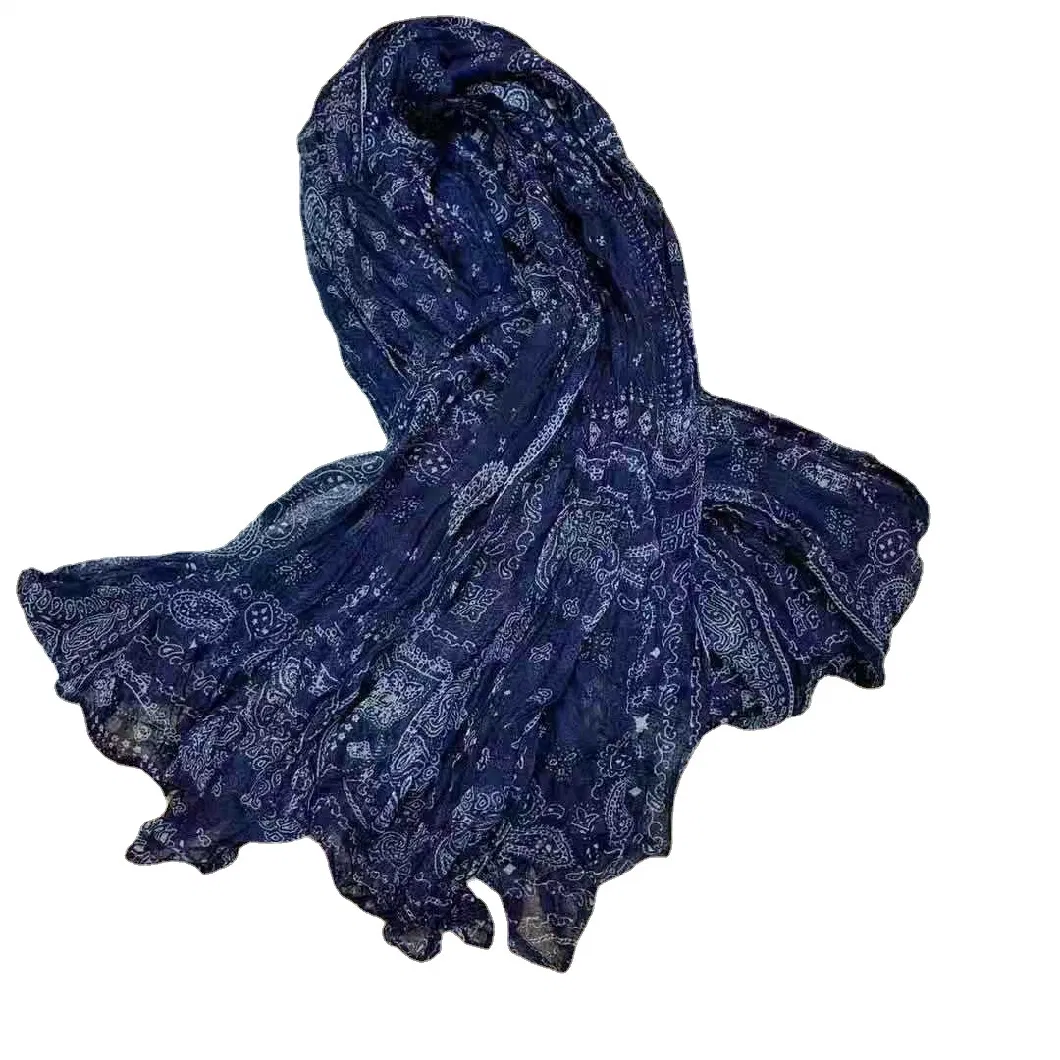 New Cotton Linen Crinkle Cashew Print Large Shawl Muslim Hijab Pleated Beach Scarf for Women