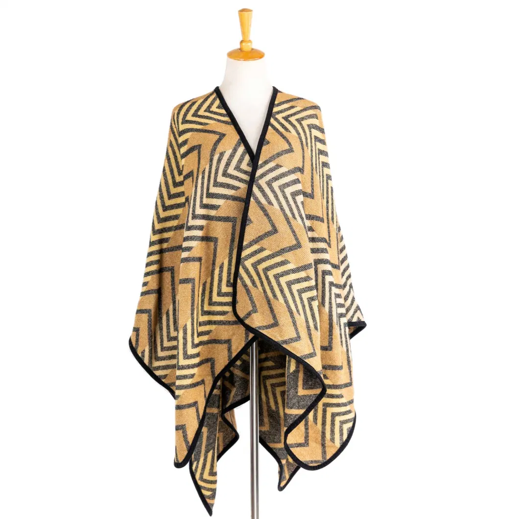 Apparel Women Camel Winter Jacquard Knitted Reversible Oversized Geometric Striped Lined Sweater Bohemian Cardigan Tartan Blanket Zigzag Cape Pallium Poncho