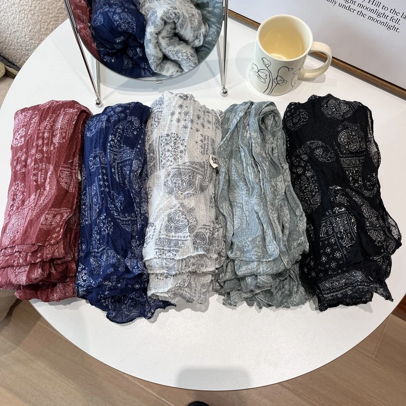 New Cotton Linen Crinkle Cashew Print Large Shawl Muslim Hijab Pleated Beach Scarf for Women