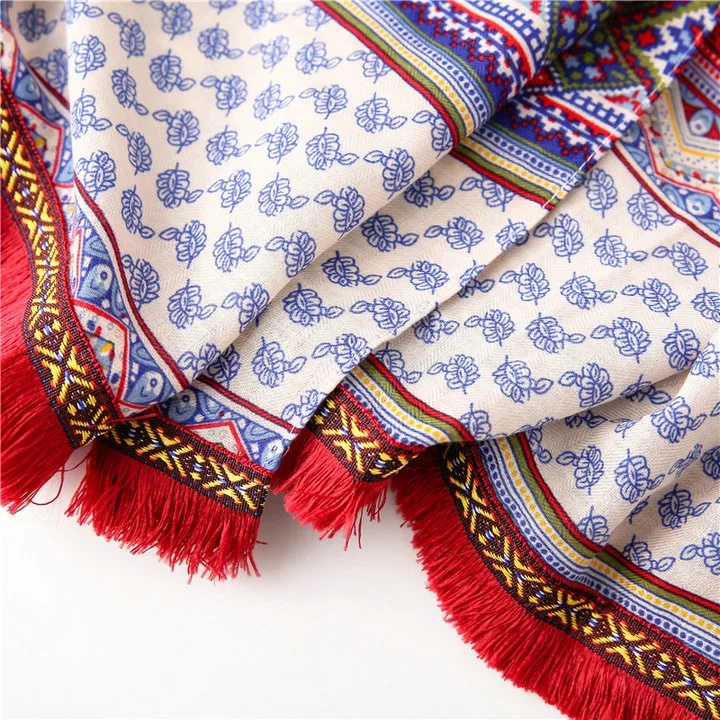 Bohemian Ethnic Printing Scarf Boho Patchwork Prints Shawl Macrame Lace Tassels Autumn Hijab Geometry Cotton Feeling Twill Scarf for Women