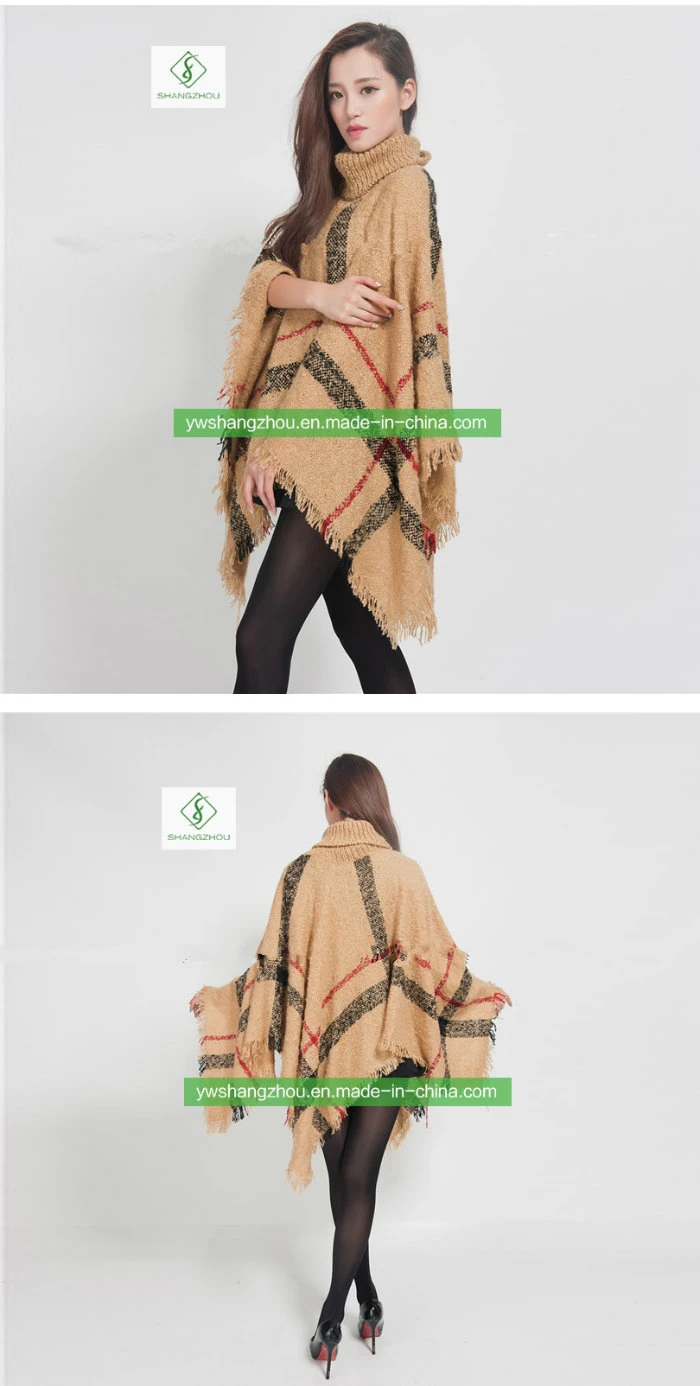 Europe High-Quality Winter Plaid Thick Shawl Fashion Women Turtleneck Cloak