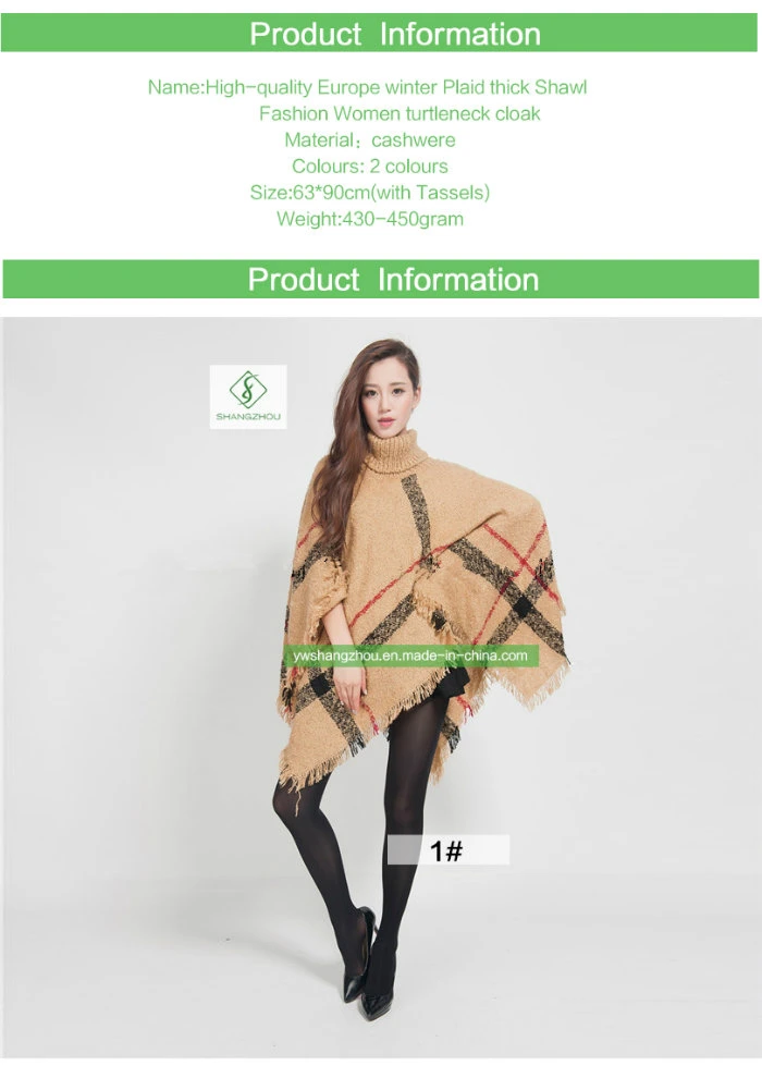 Europe High-Quality Winter Plaid Thick Shawl Fashion Women Turtleneck Cloak