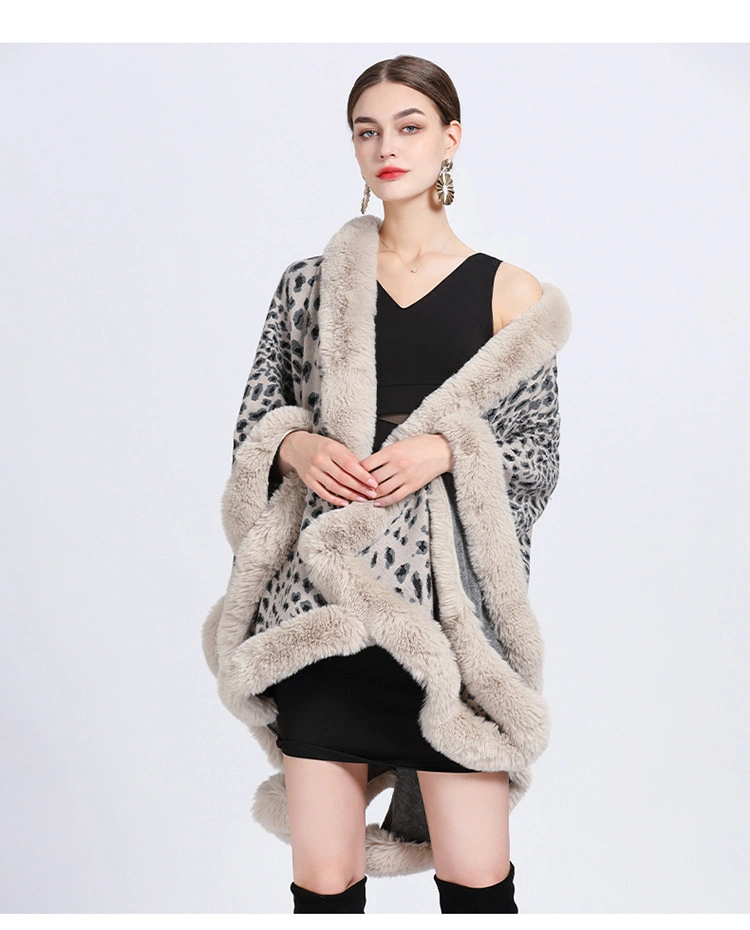 Winter Leopard Print Faux Rabbit Fur Collar Jacquard Women Poncho Shawl Cape