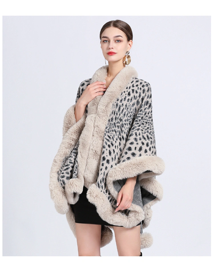 Winter Leopard Print Faux Rabbit Fur Collar Jacquard Women Poncho Shawl Cape