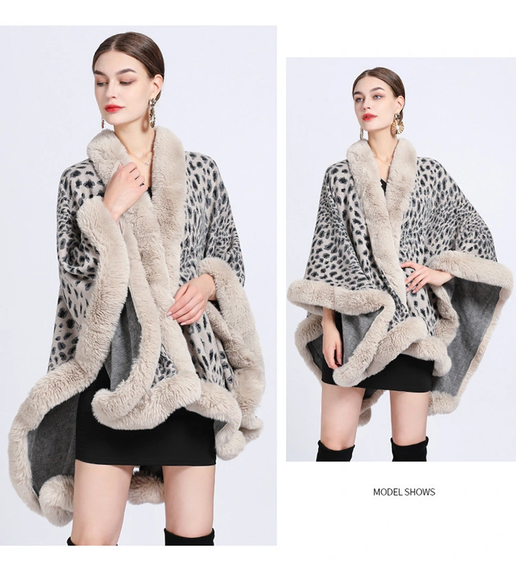 Winter Leopard Print Faux Rabbit Fur Collar Jacquard Women Poncho Shawl Cape