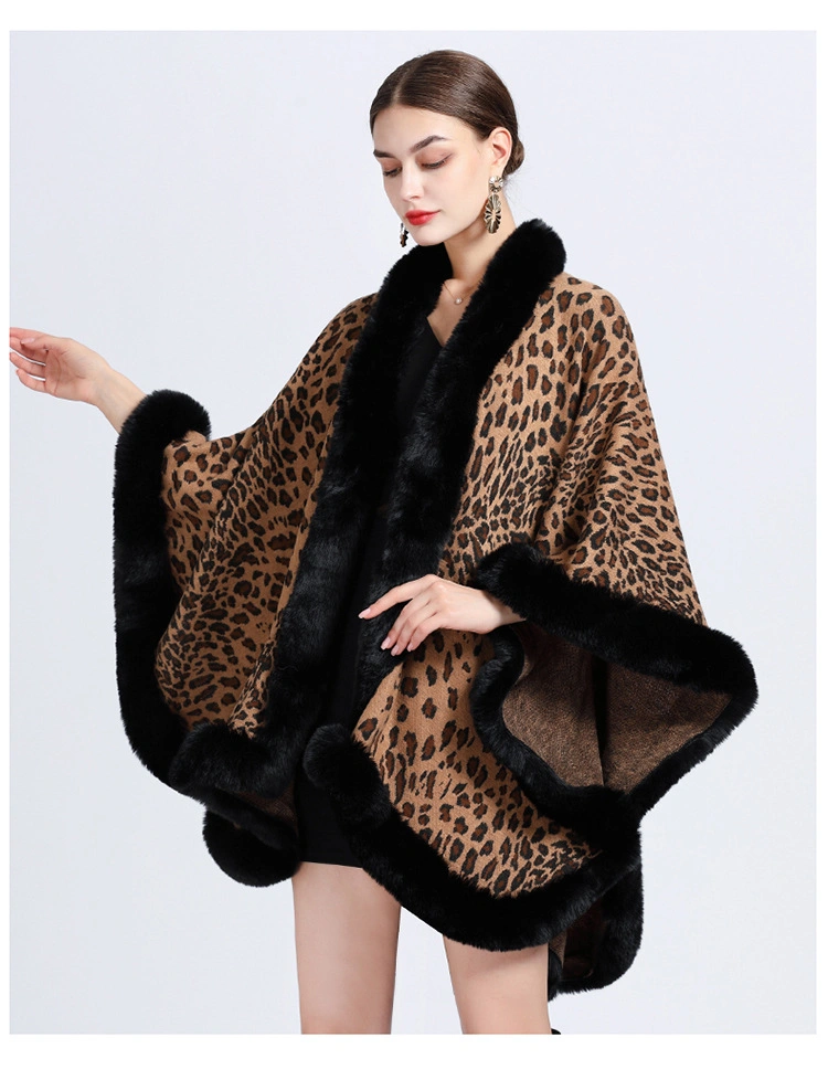 Winter Leopard Print Faux Rabbit Fur Collar Jacquard Women Poncho Shawl Cape