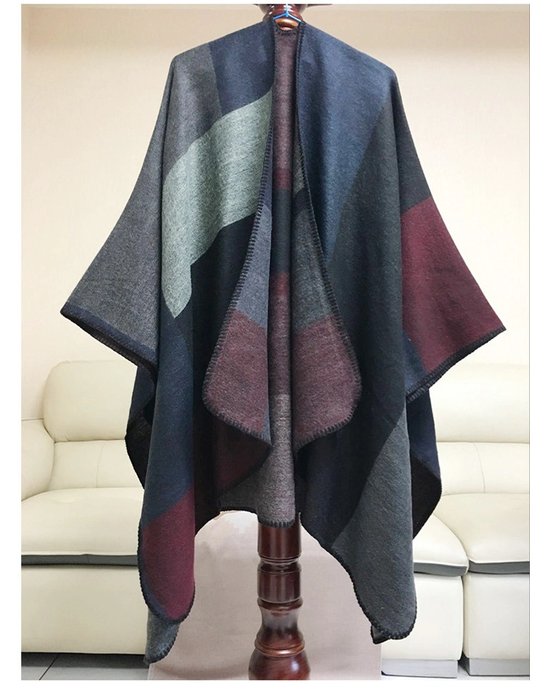 Winter Outdoor Warm Poncho for Women Big Checkered Ladies Cape Shawl