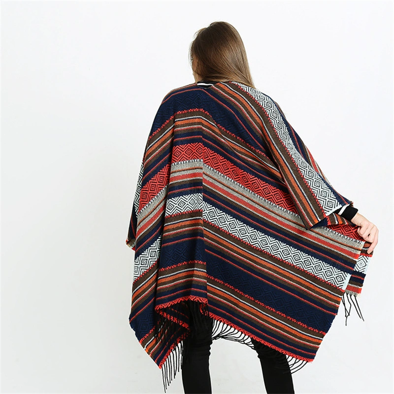 Women&prime; S Stripe Ponchos Cashmere Acrylic Thermal Female Capes Insulation Air Conditioning Shawls Sunshade Cloaks