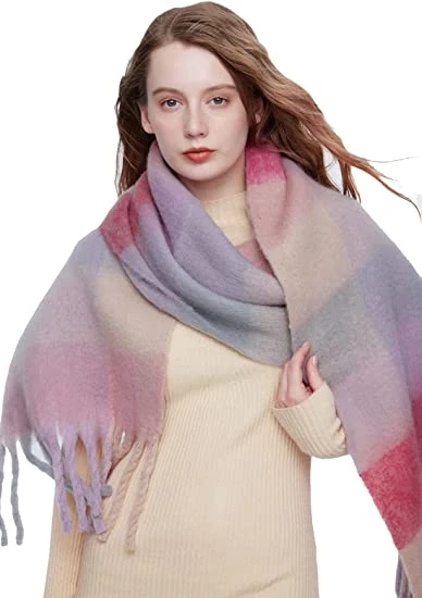 Big Women&prime; S Cashmere Coloured Checked Warm Wrap Pink Scarf