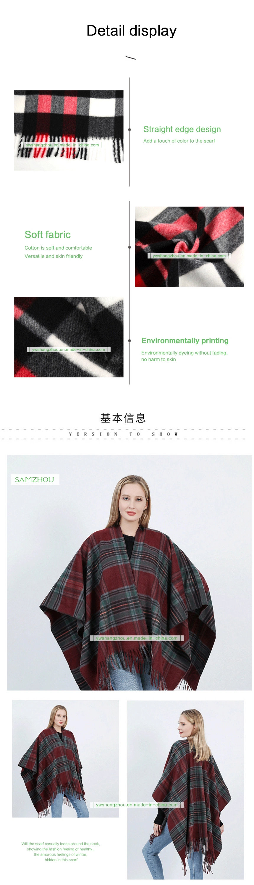 Western Plaid Cape Fashion Scarf Lady Cashmere Slit Shawl Winter