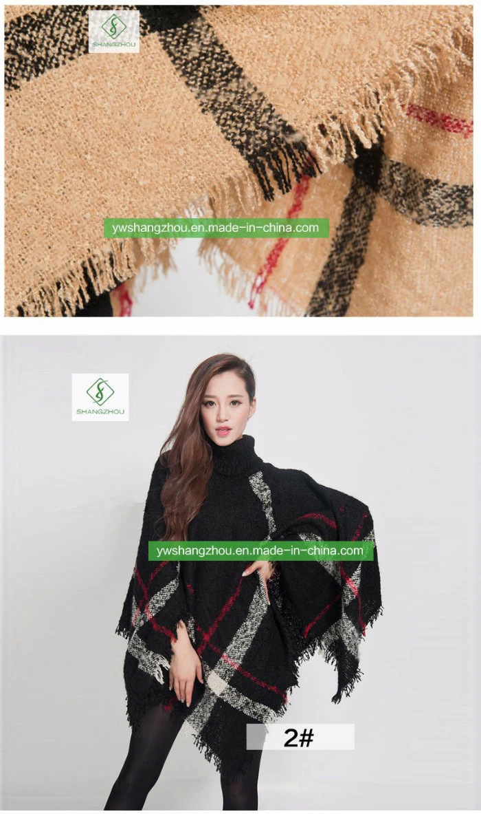 Europe High-Quality Winter Plaid Thick Shawl Fashion Women Turtleneck Cloak