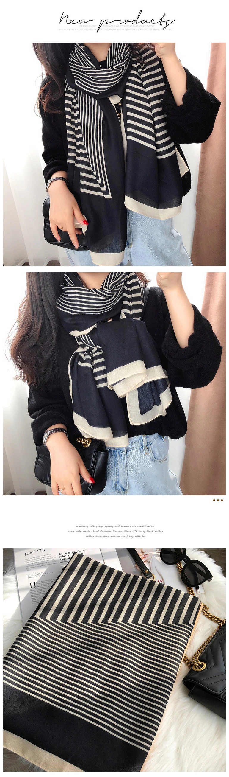 Women Fashion Scarves Big Brand Design Print Lady Poly Silk Shawl Cotton Stole Scarf for Girls with Letter Stripes