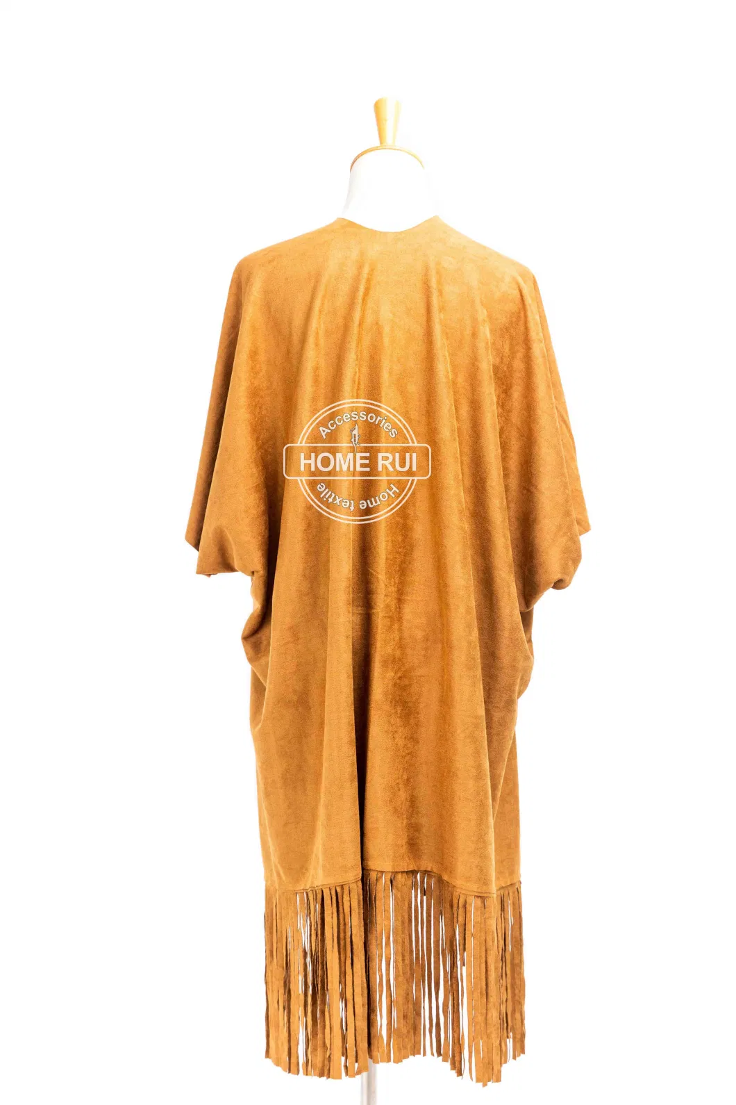 Spring Autumn Woman Lady Fashion Suede Fabric Solid Plain Brown Mustard Oversize Wraps Fringes Poncho Shawl