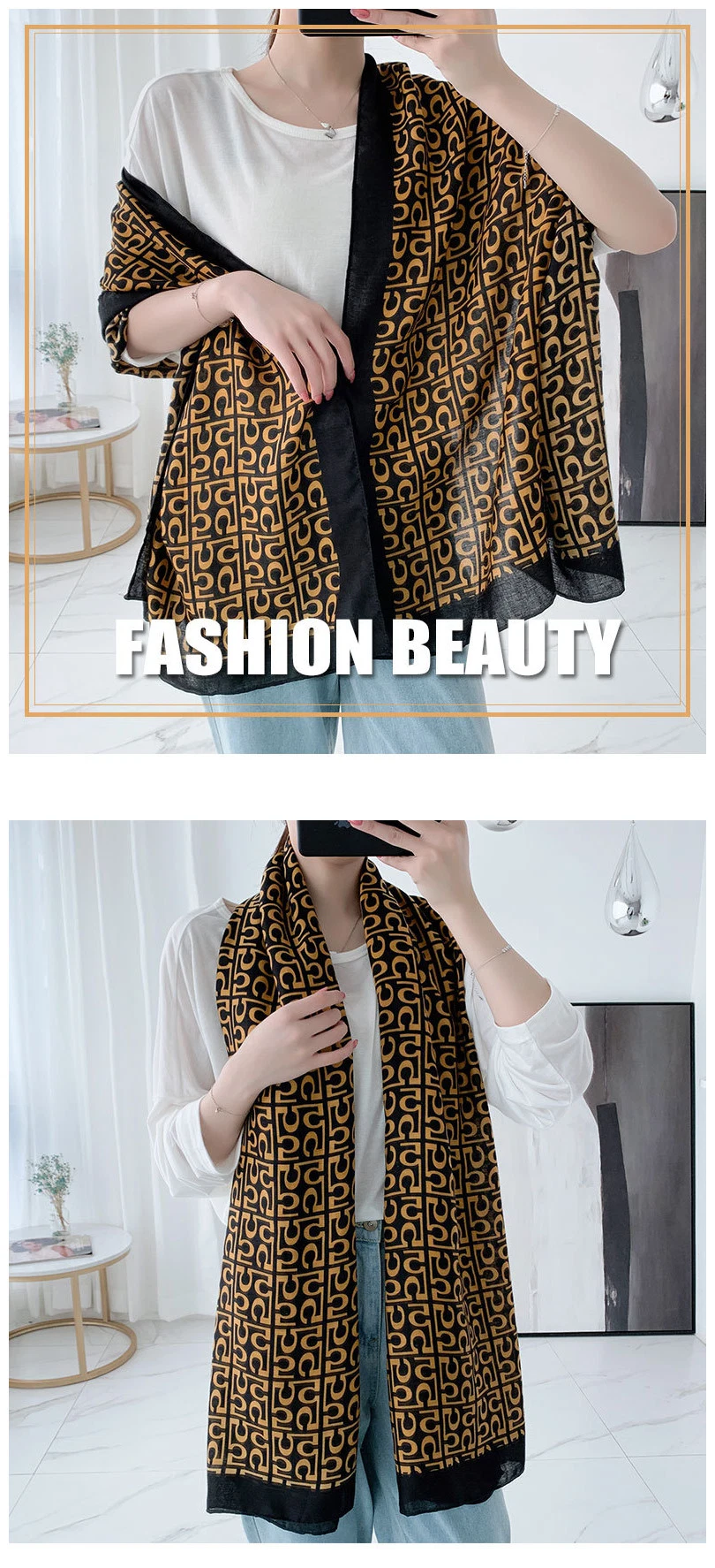 Women Fashion Scarves Big Brand Design Print Lady Poly Silk Shawl Cotton Stole Scarf for Girls with Letter Stripes