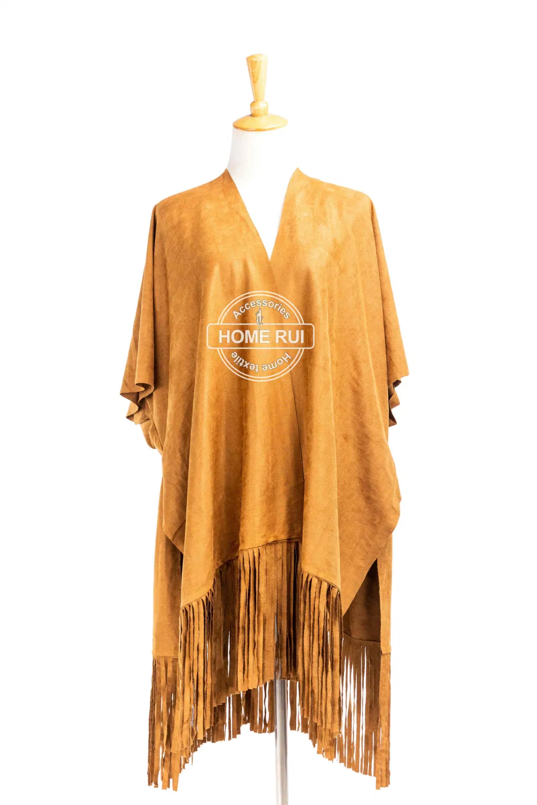Spring Autumn Woman Lady Fashion Suede Fabric Solid Plain Brown Mustard Oversize Wraps Fringes Poncho Shawl