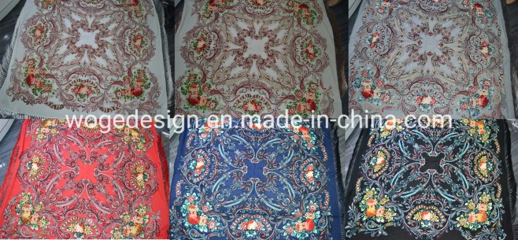 Fashion Yiwu Manufacturer Scarves Headscarf Cotton Polyester Fabric Square 110*110cm Print Floral Ukrainian Shawl