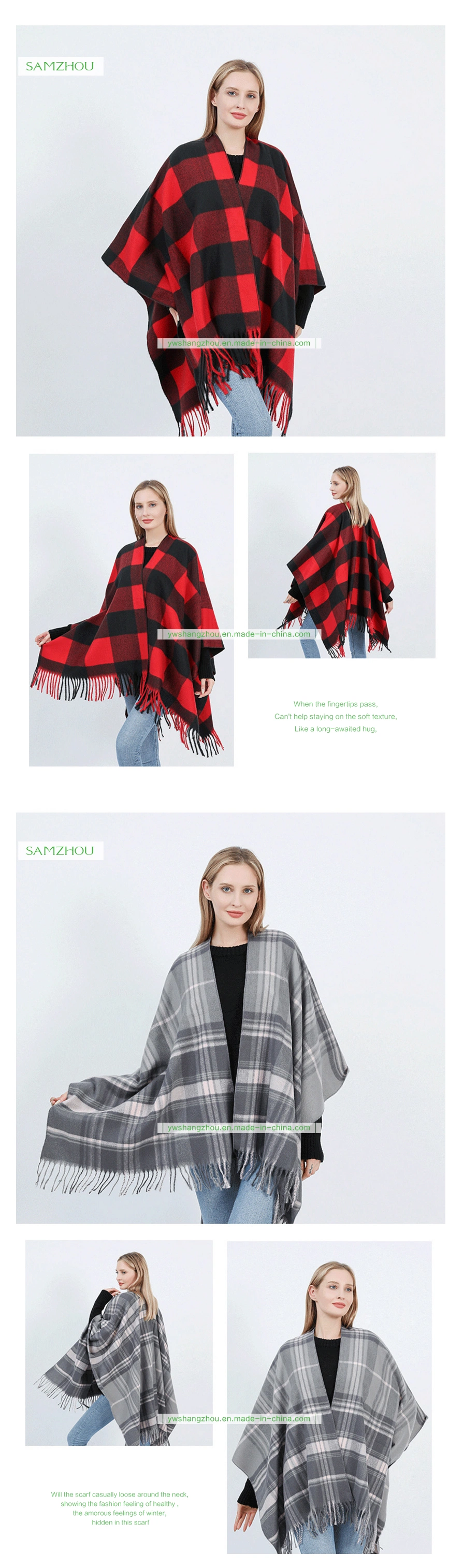 Western Plaid Cape Fashion Scarf Lady Cashmere Slit Shawl Winter