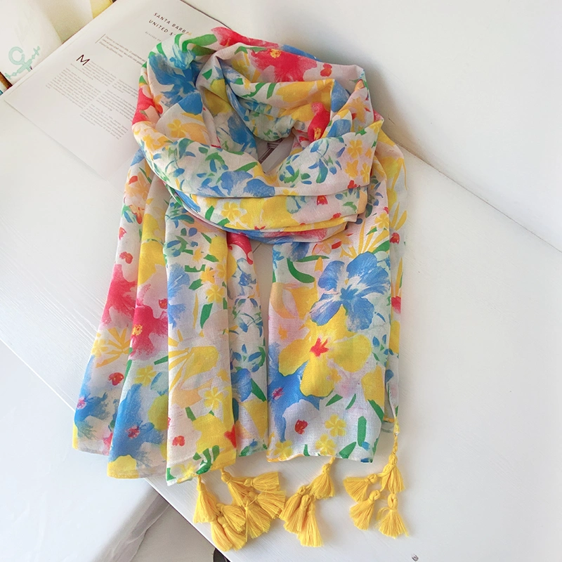 Scarf Women&prime; S Spring and Autumn Thin Section All-Match Multi-Function Hit Color Literary Cotton and Linen Silk Scarf Shawl Long Gauze Beach Towel