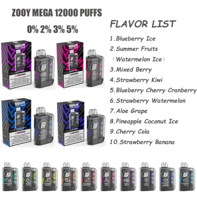 Disposable E Cigarette Zooy Mega 12000 Puffs Disposable Vape Pen Rechargeable Mesh Coil 0% 2% 3% 5% Nic Salt