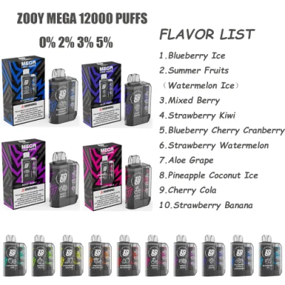 Disposable E Cigarette Zooy Mega 12000 Puffs Disposable Vape Pen Rechargeable Mesh Coil 0% 2% 3% 5% Nic Salt