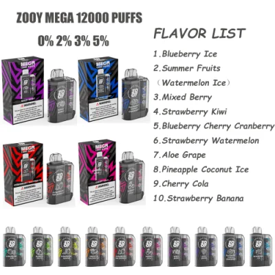 Disposable E Cigarette Zooy Mega 12000 Puffs Disposable Vape Pen Rechargeable Mesh Coil 0% 2% 3% 5% Nic Salt