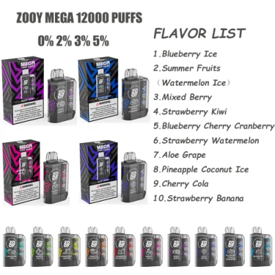 Disposable E Cigarette Zooy Mega 12000 Puffs Disposable Vape Pen Rechargeable Mesh Coil 0% 2% 3% 5% Nic Salt