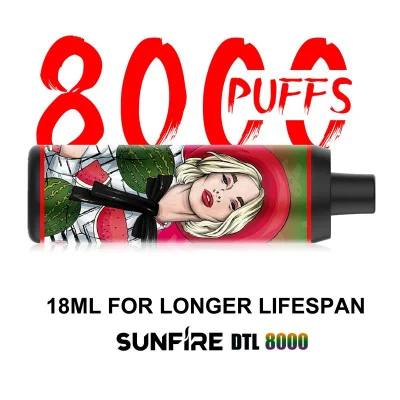 18ml Oil Capacity 8K Puffs Sunfire 9000 8000 Puffs Dtl Disposable Vape 18ml Prefilled 600mAh USB Recharge Vapor Bottom Adjustable Airflow 0mg 20mg 30mg