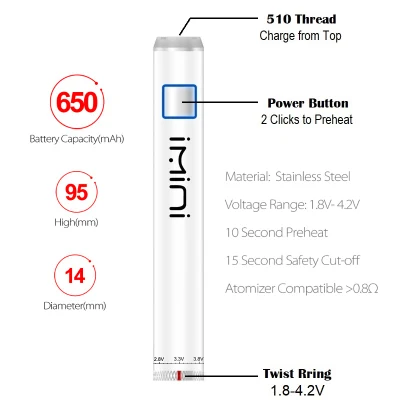 Imini Wholesale 510 Vape Pen Battery Variable Voltage Electronic Cigarette 510 Thread 650mAh Vape Battery Type-C Cartridge Battery Dual USB 510 Battery for Cart