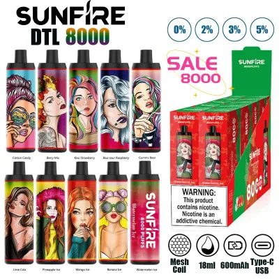 Dtl Vaping Style E Cigarette Kit Sunfire 8000 Puffs 10000 Disposable E-Cigarettes Vape Pen Airflow Adjustable Rechargeable 600mAh Mesh Coil 20 Flavors 0/2/3/5%