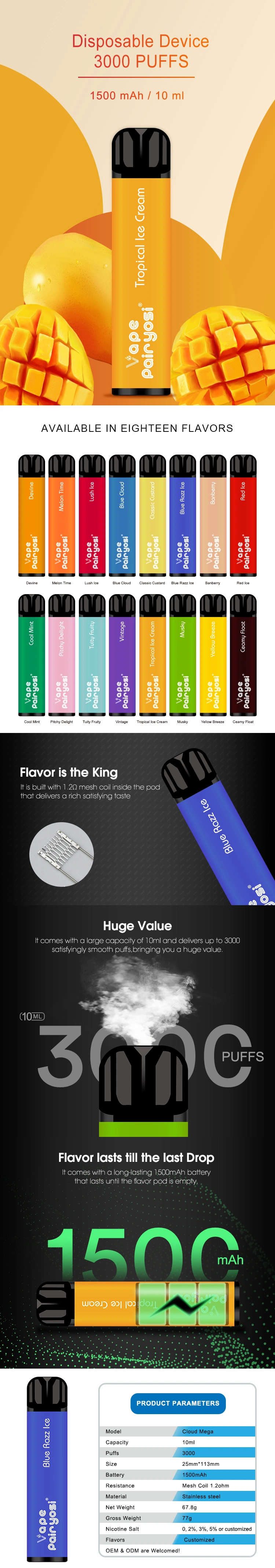 Factory Custom 3000 Puffs Cube Disposable Vape with 0mg Nicotine Free E-Liquid Flavour