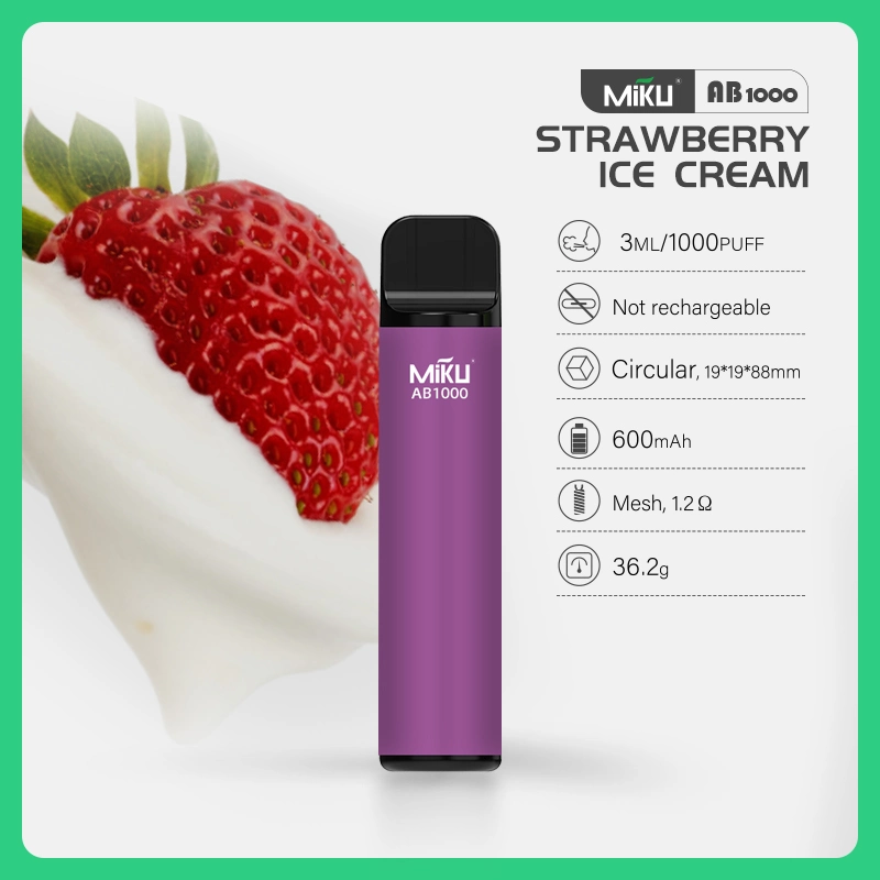 Logo Printing Disposable Vape 1000 Puffs Strawberry Ice Cream Flavor Salt Nic