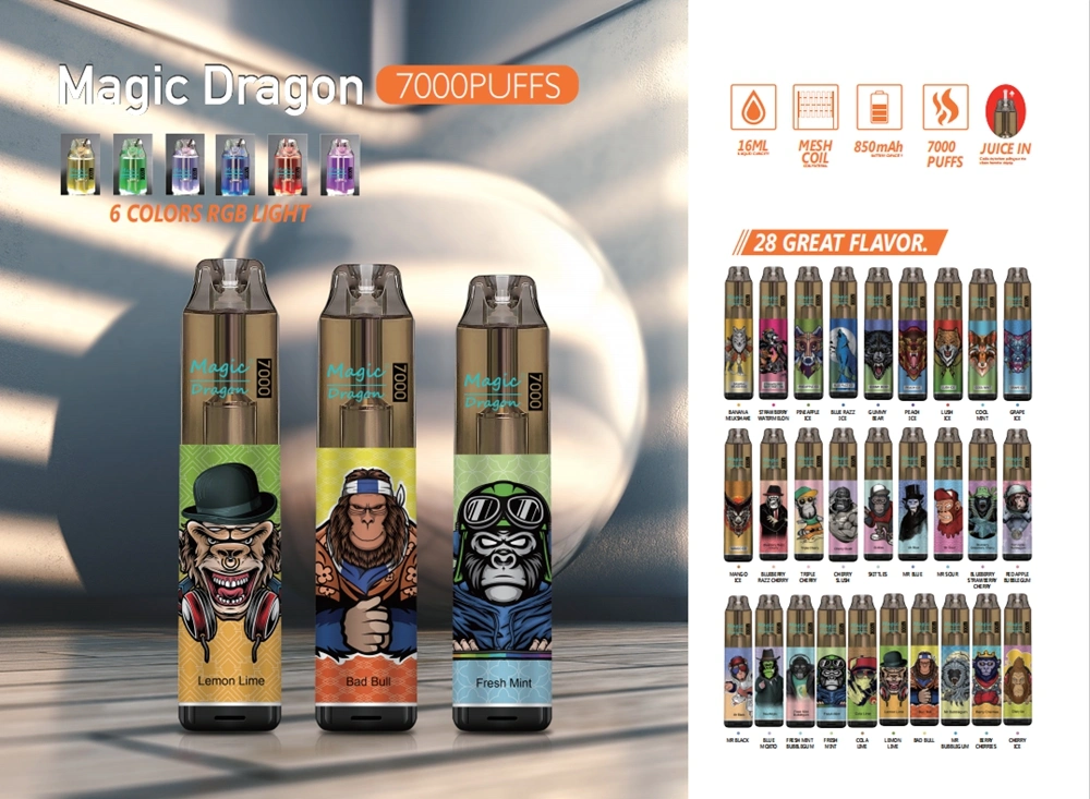 Magic Dragon Disposable Vapes 7000 Puffs Nicotine 6 Colors RGB Light Tobacco License Company