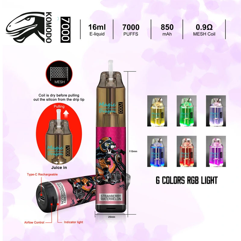 Magic Dragon Disposable Vapes 7000 Puffs Nicotine 6 Colors RGB Light Tobacco License Company