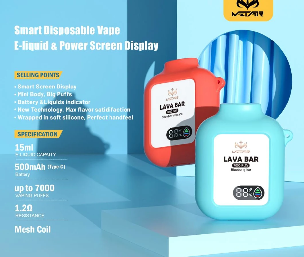 2023 Latest Generation Lava Bar 7000 Puff Smart Screen Rechargeable 15ml E-Liquid Disposable Vape Pod OEM Available