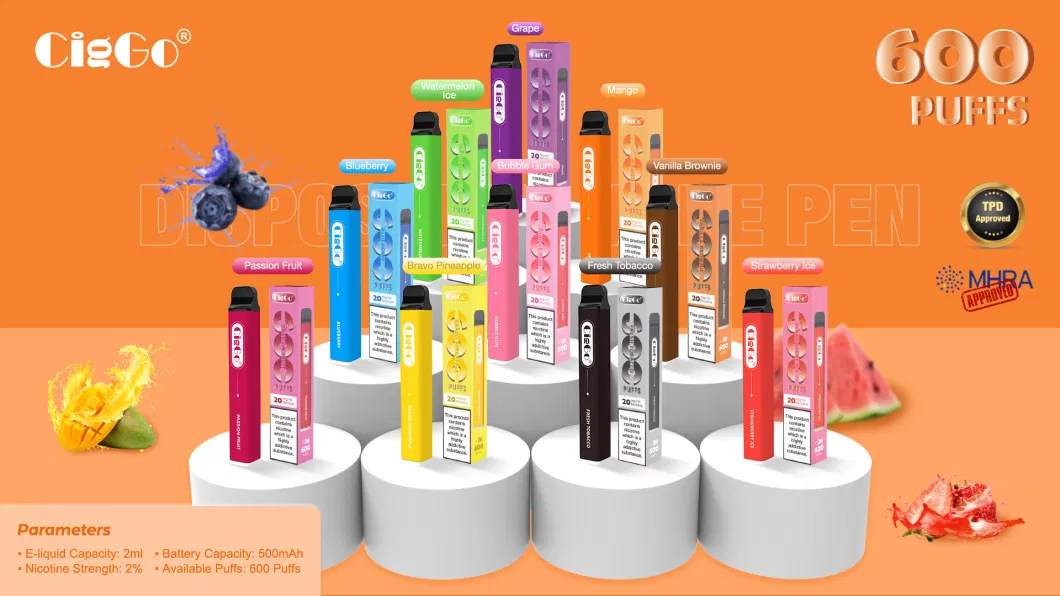 Tpd CE RoHS Wholesale Disposable Vape Pen 600 Puff 2ml E-Liquid Support OEM/ODM Wholesale I Vape Ciggo Square