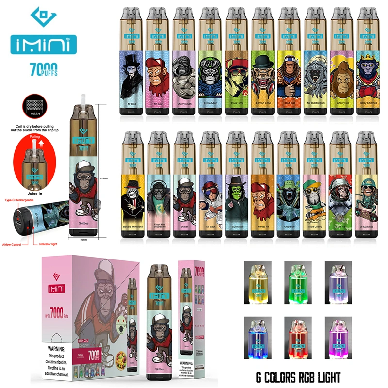 Imini 7000 Puffs Disposable E Cigarette RGB 15ml Prefilled 850mAh Rechargeable Vape Device Leakproof Design Vapor 20mg 30mg 50mg Morocco Wholesale Vapes