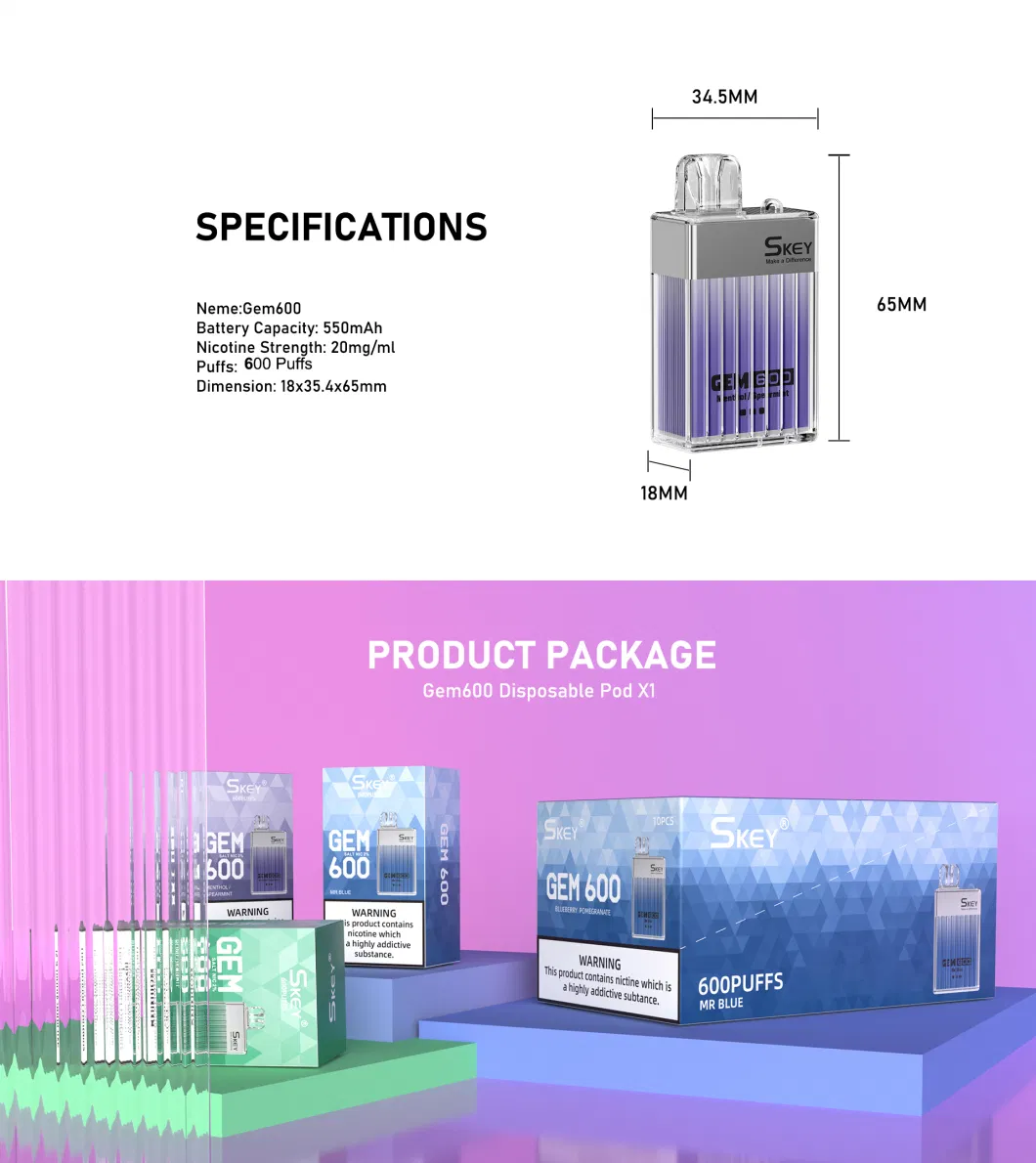 UK Popular Skey Vape Crystal Vape Box Gem 600 Puffs 2% Nic Salt UK Tpd Vs Amare Crystal One Disposable E-CIGS