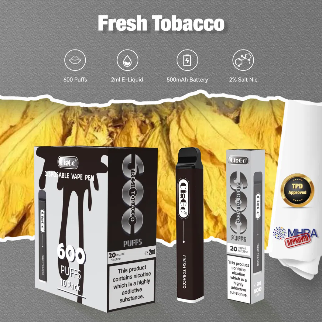 E-Cigarette Starter Kits Tpd Approved 2ml Disposable Vape Pen 600 Puff Bar Vape