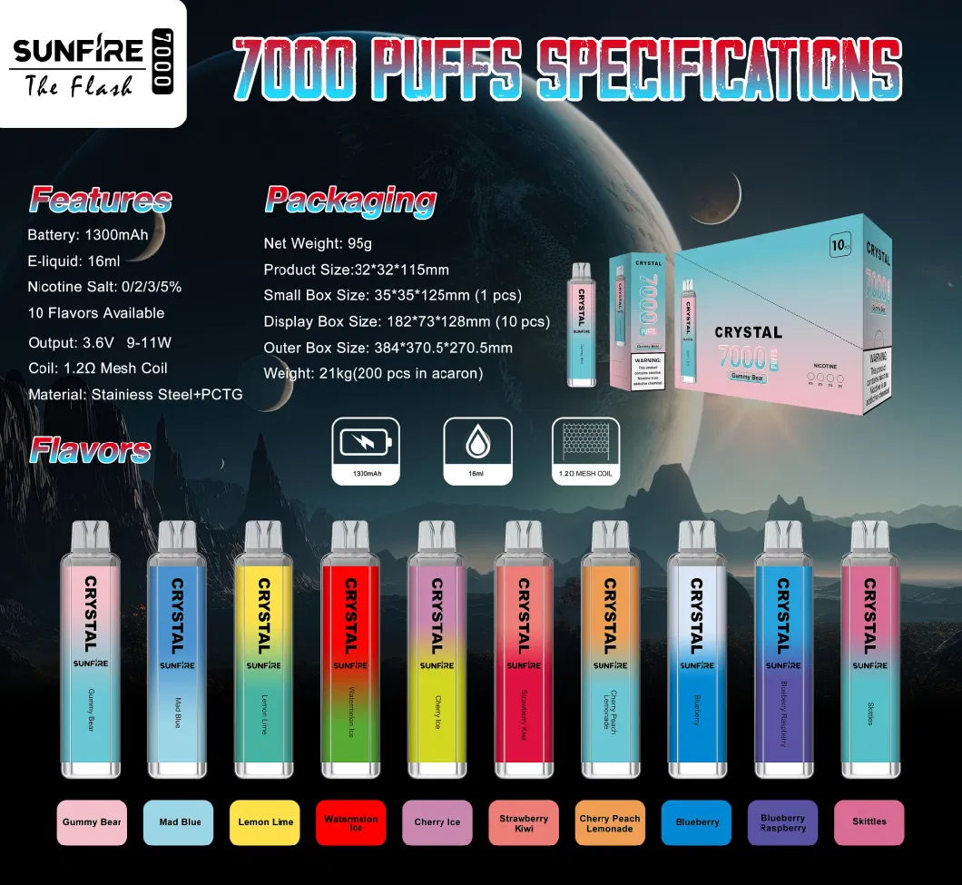 Sunfire Vape Crystal 7000 Puffs Disposable E Cigarettes Pen Box Kit Puff 12000 9000 9K 7K 8K 1300mAh Battery 16ml Prefilled Carts 20mg Nic Vapers Pod Bar Puffs