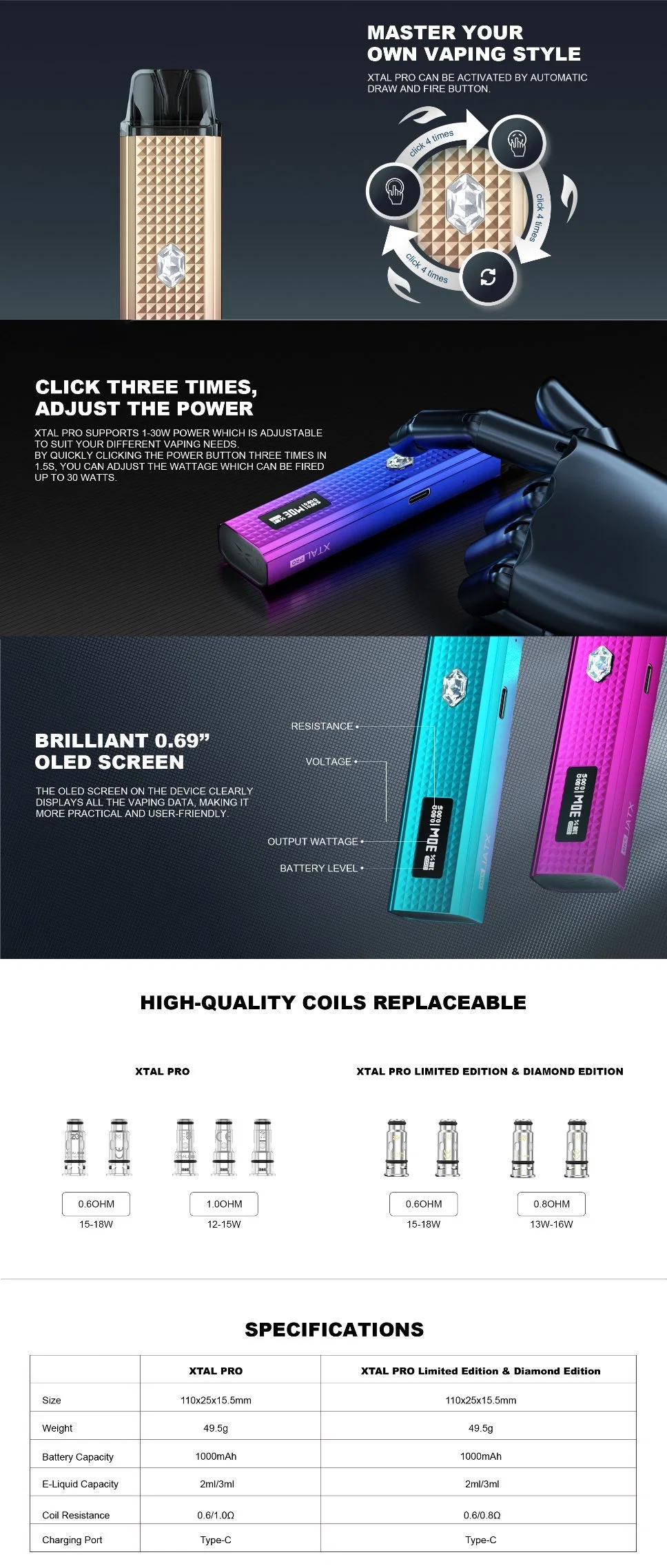 Zq Xtal PRO Diomend Switch Metal Device 3ml Empty Pod Refillable E-Cigarette Starter Kits